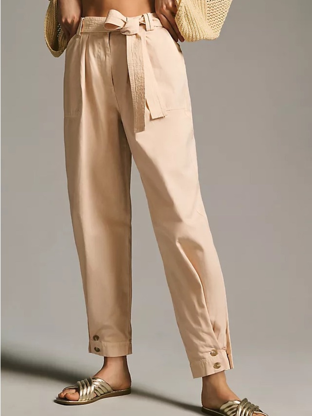 Moon River Beige Paperbag Belted Ankle Pants
